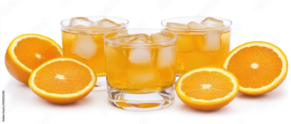 Poster refreshing orange juice with ice cubes in glass cups creating a vibrant and inviting scene on a whit