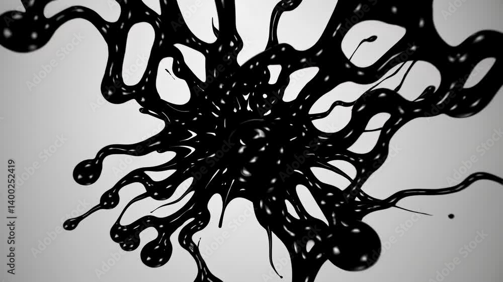 Poster abstract video concept with black ink splatter spreading from a central point. top-down angle, monoc