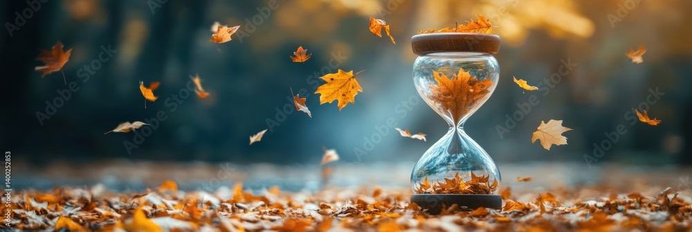 Poster hourglass filled with falling leaves symbolizes the passing of natural time in a tranquil autumn set