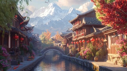 Obraz premium Asian village nestled beside a canal, mountains in the background. Colorful autumn leaves, traditional architecture, and festive lanterns