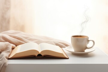 A cup of steaming coffee placed on a bedside table next to an open book