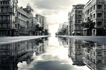 A deserted city road after a heavy rainfall, showing ripples in the water on the asphalt surface