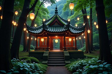 Enchanted Forest Temple Illuminated by Floating Golden Paper Lanterns