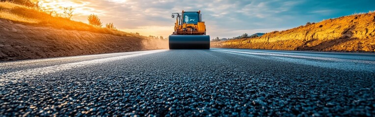 Road Roller Compacting Fresh Asphalt on a Construction Site with Clear Skies and Open Fields
