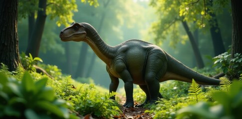 A lone Brachiosaurus peacefully browses lush ferns, sun-dappled clearing , vegetation, sunlight