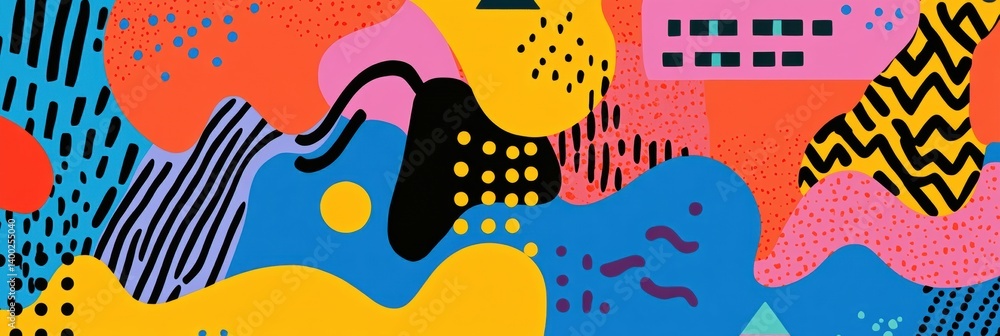 Fototapete colorful memphis style abstract shapes with zigzags, dots, and triangles create a vibrant artistic d