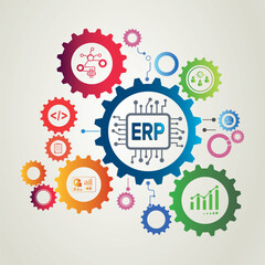 ERP System Integration Icon with Colorful Gears – Business Process Automation and Data Management Concept