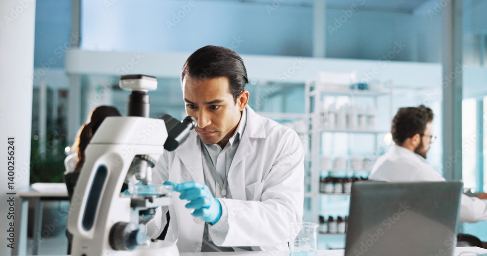 Poster microscope, science and research with man in laboratory for dna sample, forensics investigation and 