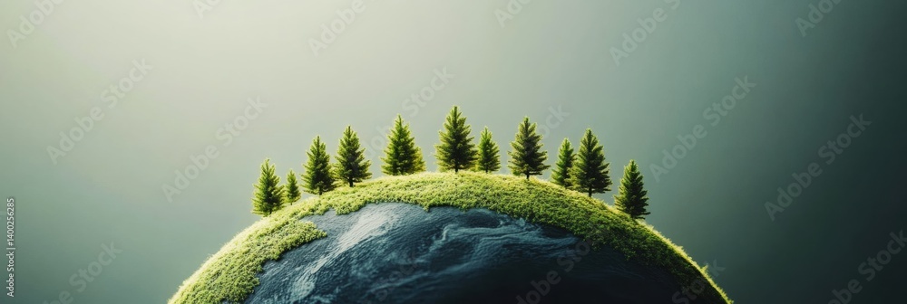 Aufkleber Minimal Earth outline with vibrant miniature trees showcasing harmony between nature and design in a clean aesthetic
