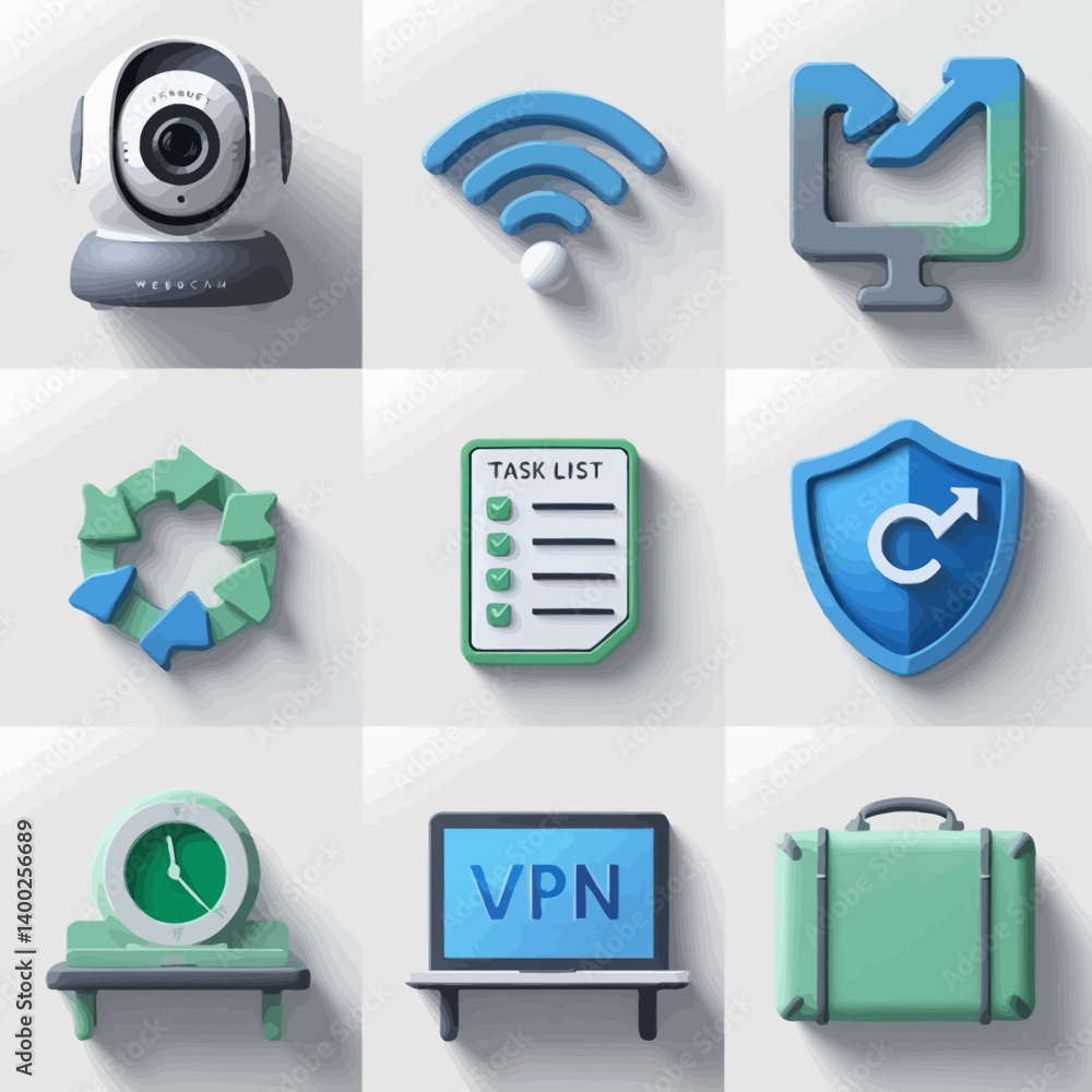 Poster cybersecurity and productivity icons representing vpn, task list, and more
