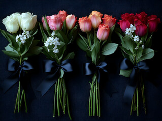 Four bouquets of roses tied with black ribbons displaying a spectrum of white pink peach and red shades