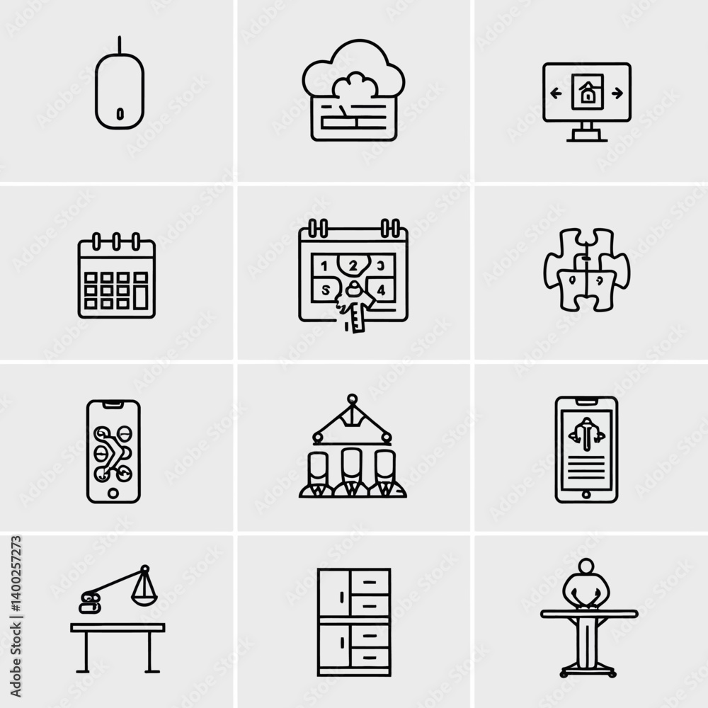 Poster outline icons representing business and technology concepts