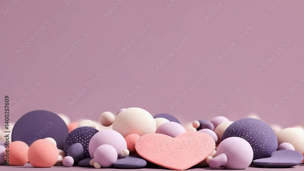 Poster a vibrant arrangement of 3d spheres and shapes in pastel colors, centered around a textured heart sh