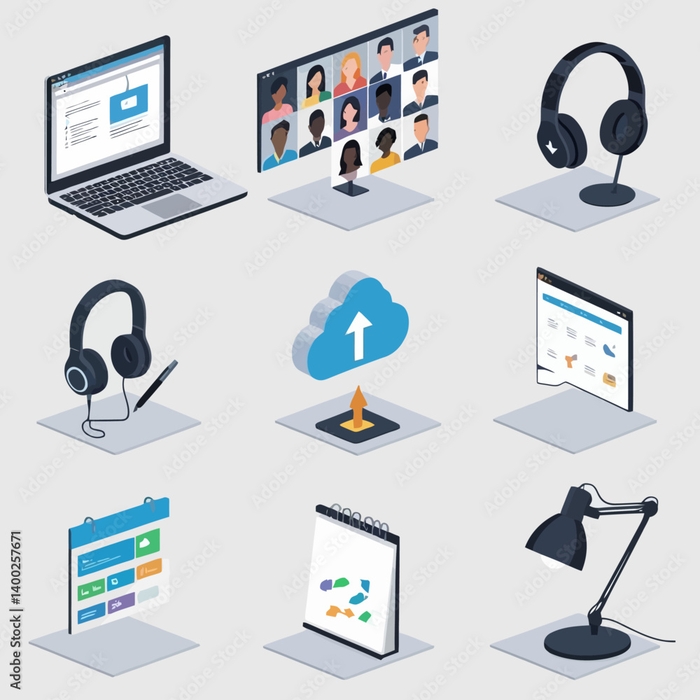 Aufkleber isometric office and technology elements for remote work and cloud computing
