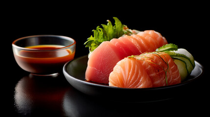 Delicious salmon and tuna sashimi platter with soy sauce on a black background food photography