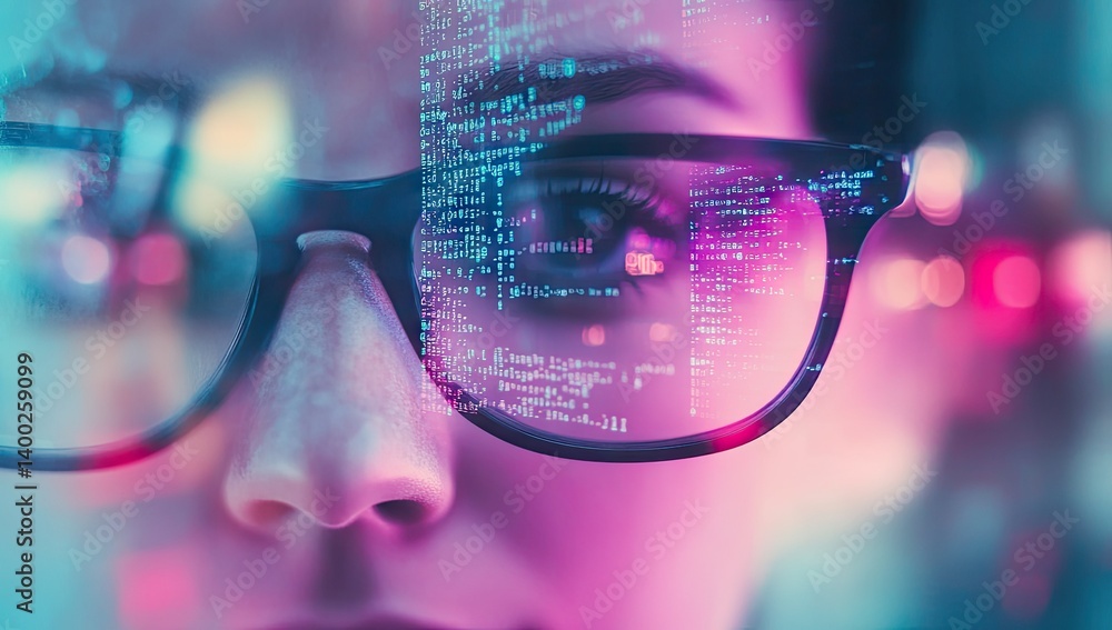 Poster a close-up view of a laptop keyboard with stylish glasses resting on it. showcasing vibrant code on 