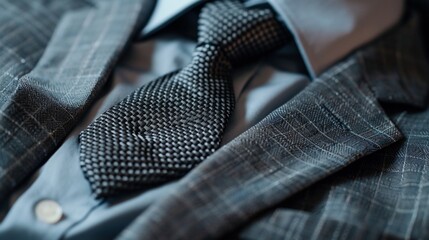 Close-up of a gray suit, shirt, and tie