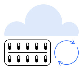 Cloud silhouette above pills in a blister pack next to a circular arrow loop. Ideal for healthcare, medication tracking, pharmacy management, telemedicine, data synchronization, automation, flat