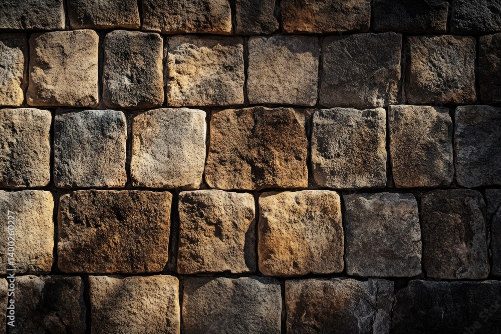 Poster a close-up view of a textured stone wall featuring various shades of brown and gold. illuminated by 