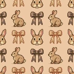 Fototapeta premium Seamless pattern, bunny, satin bows, sepia tones, pixel art. Retro 8-bit style, beige background for Easter packaging, springtime decorations, seasonal textiles, children’s prints, holiday advertising