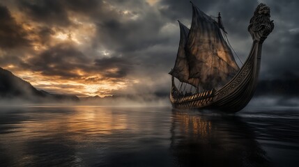 A dramatic seascape featuring a Viking longship sailing on calm waters. Scene is bathed in a warm, golden light, evoking a sense of adventure and exploration.