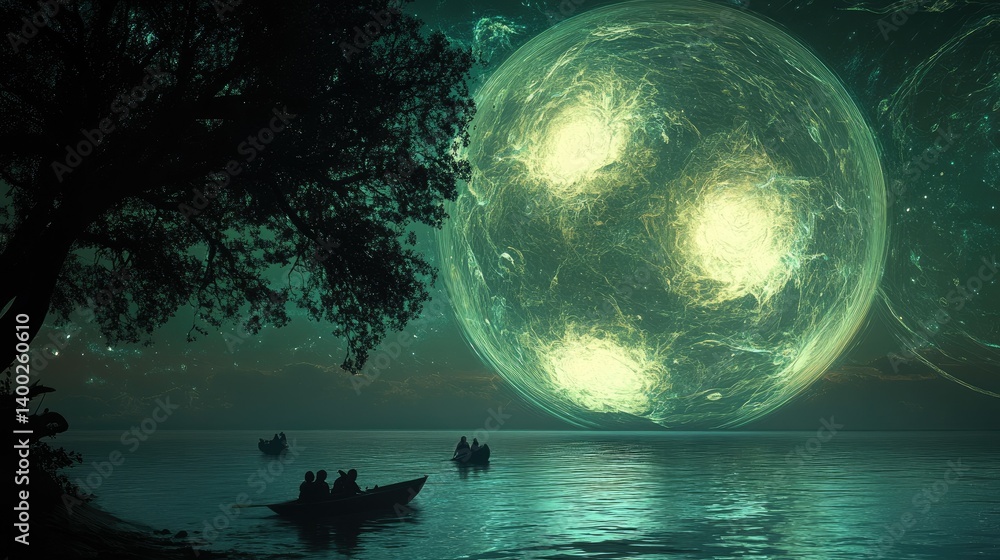 Poster a serene night scene featuring silhouetted figures in boats on a tranquil lake. illuminated by a lar