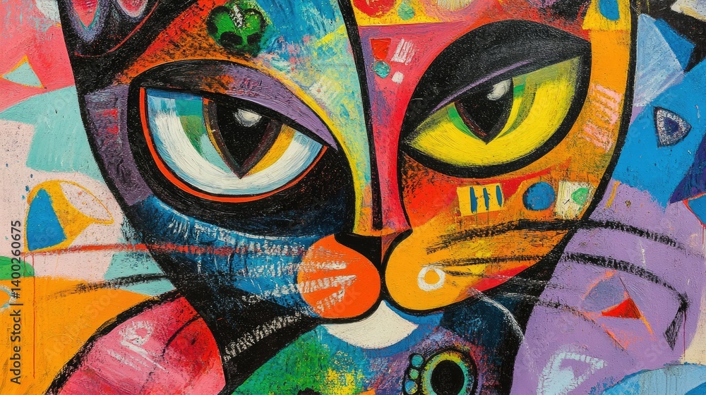 Poster a vibrant. colorful painting of a cat with large expressive eyes. surrounded by abstract shapes and 