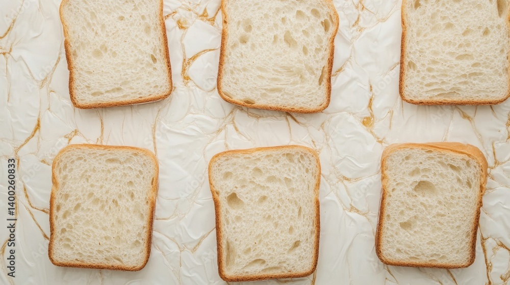 Poster slices of fresh white bread on elegant marble surface overhead view capturing texture and warmth per