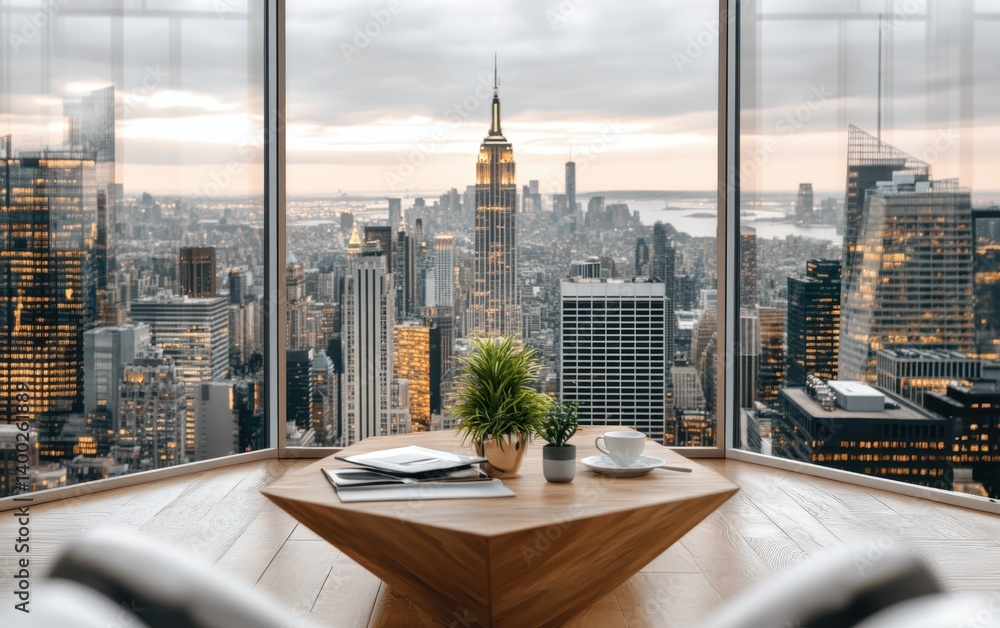 Poster a table with a plant sits in front of a window, adding life to the interior space.