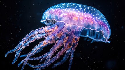 A mesmerizing bioluminescent jellyfish floating gracefully in the vast expanse of space, its iridescent body emitting vibrant colors that stand out strikingly against the inky black backdrop.