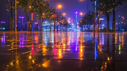 Obraz premium City at night with glowing lights reflected on wet streets