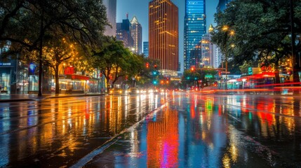 Obraz premium City at night with glowing lights reflected on wet streets