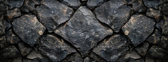 Fototapeta premium A close-up view of dark. textured rock formations arranged in a symmetrical pattern. showcasing natural geological features. ideal for backgrounds in design projects