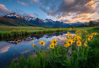 Mountain Landscape Reflection in River with Yellow Wildflowers at Sunset