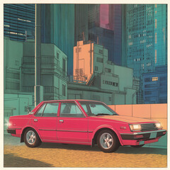 鮮やかな陰影とレトロな自動車が描く都市の静寂なひととき｜昭和レトロ・セダン・コンクリート建築・午後の光・ノスタルジー・アート風背景・ビンテージカーイラスト素材