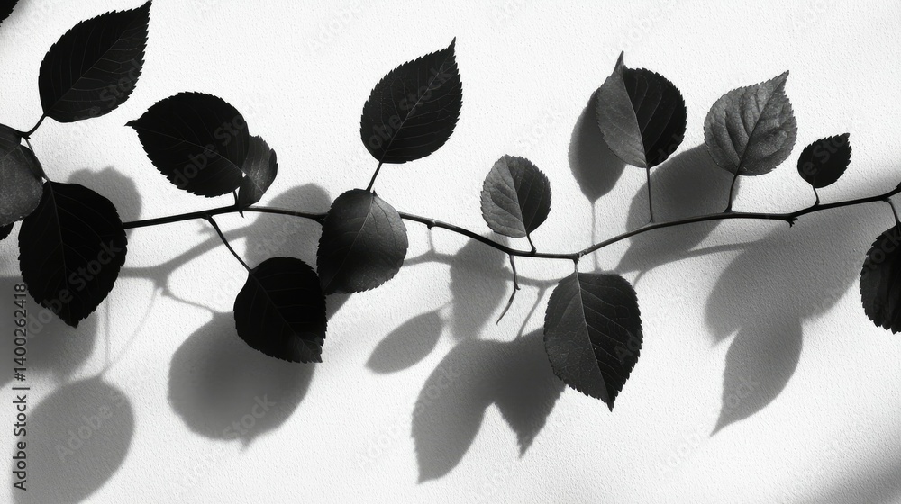 Poster a monochromatic close-up of a branch with lush green leaves casting intricate shadows on a textured 