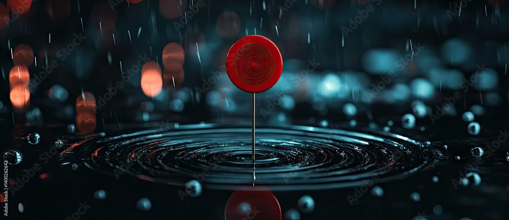 Poster a striking red arrow piercing a vibrant water ripple target amidst a backdrop of shimmering droplets