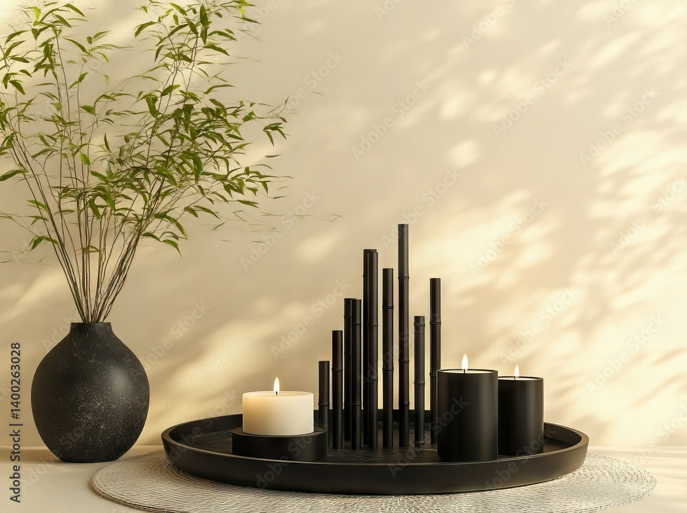 Poster a serene arrangement of candles and aroma sticks on a wooden tray. with soft shadows cast on a textu