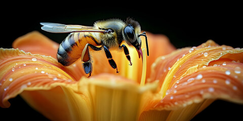 Honeybee atop a vivid flower legs clutching a pollen tube with water droplets on the orange and yellow petals