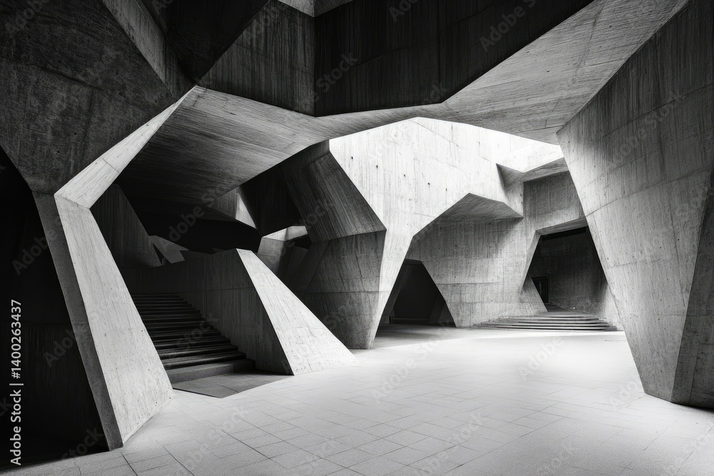 Poster an abstract architectural interior showcasing angular concrete structures with dramatic lighting. se