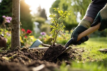 Planting New Tree in Garden with Hand Trowel in Sunny Weather