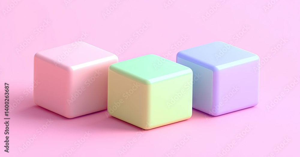 Poster three glossy. pastel-colored cubes arranged in a row on a soft pink background. creating a minimalis