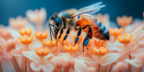 Honeybee on flowers with black stripes and fuzzy body orange pollen A macro focus on the insects visit to blossoms