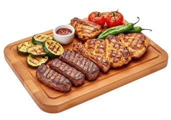 Grilled meat and vegetables on a wooden serving platter food
