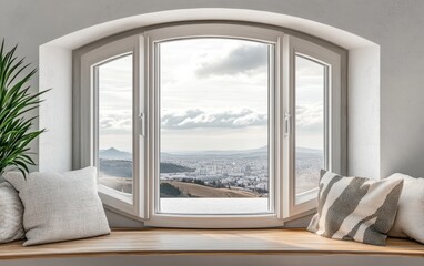 Obraz premium A window displays a city view alongside a thriving green plant.