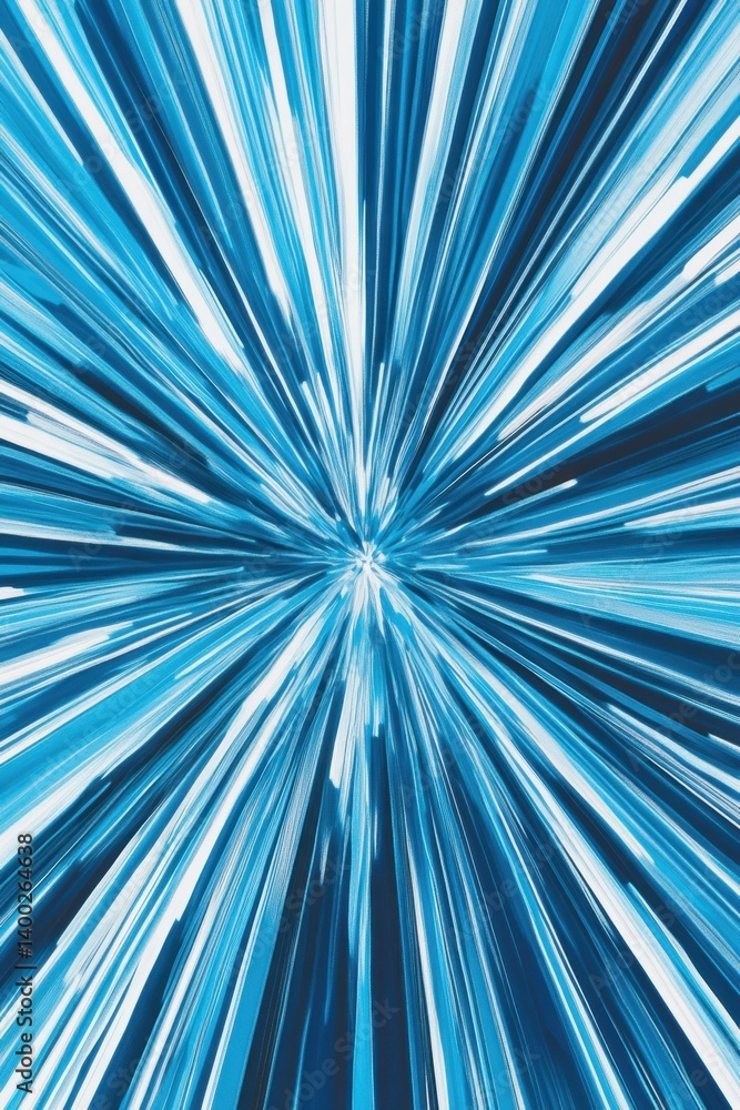 Poster abstract blue and white light streaks radiating from center point creating dynamic and energetic vis