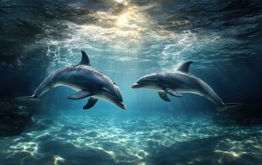 Obraz premium Dolphins glide through sunlit ocean waters, creating a serene underwater scene.