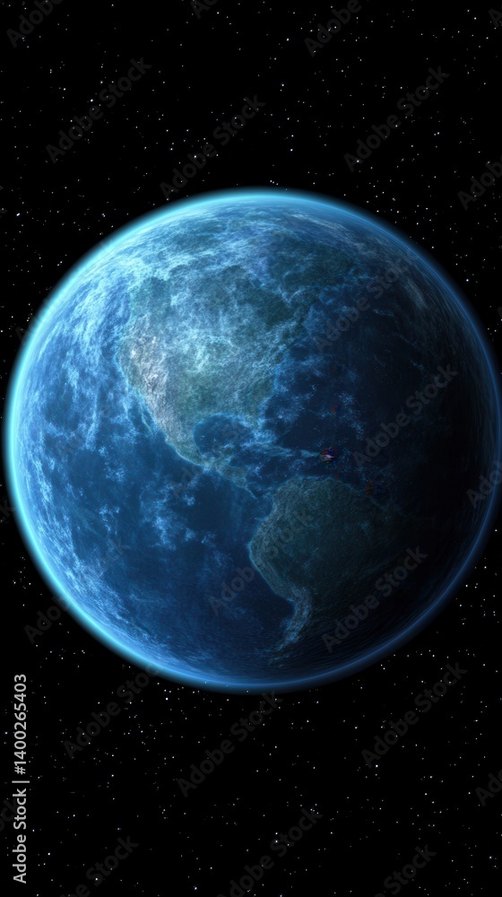 Poster a captivating blue planet view from space with sparkling stars in the black background showing conti