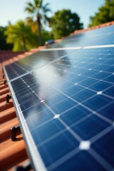 Fototapeta premium Close-up of solar panels on a rooftop providing eco-friendly energy, solar energy, environment