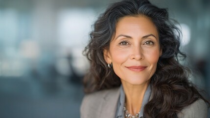 Fototapeta premium Professional Portrait of Latin Woman with Curly Hair and Soft Smile